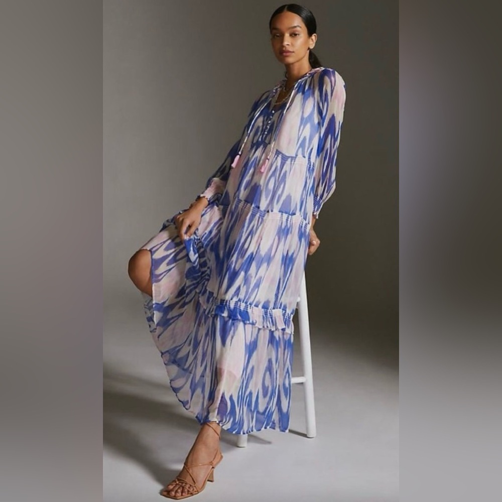 Anthropologie The Marais Printed Chiffon
Maxi Dress in Blue